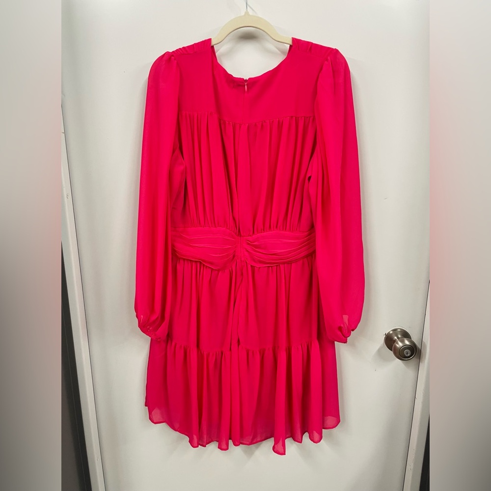 Hot Pink Long Sleeve Mini Dress | Tiered Ruffle Skirt | Balloon Sleeves | - Picture 4 of 6